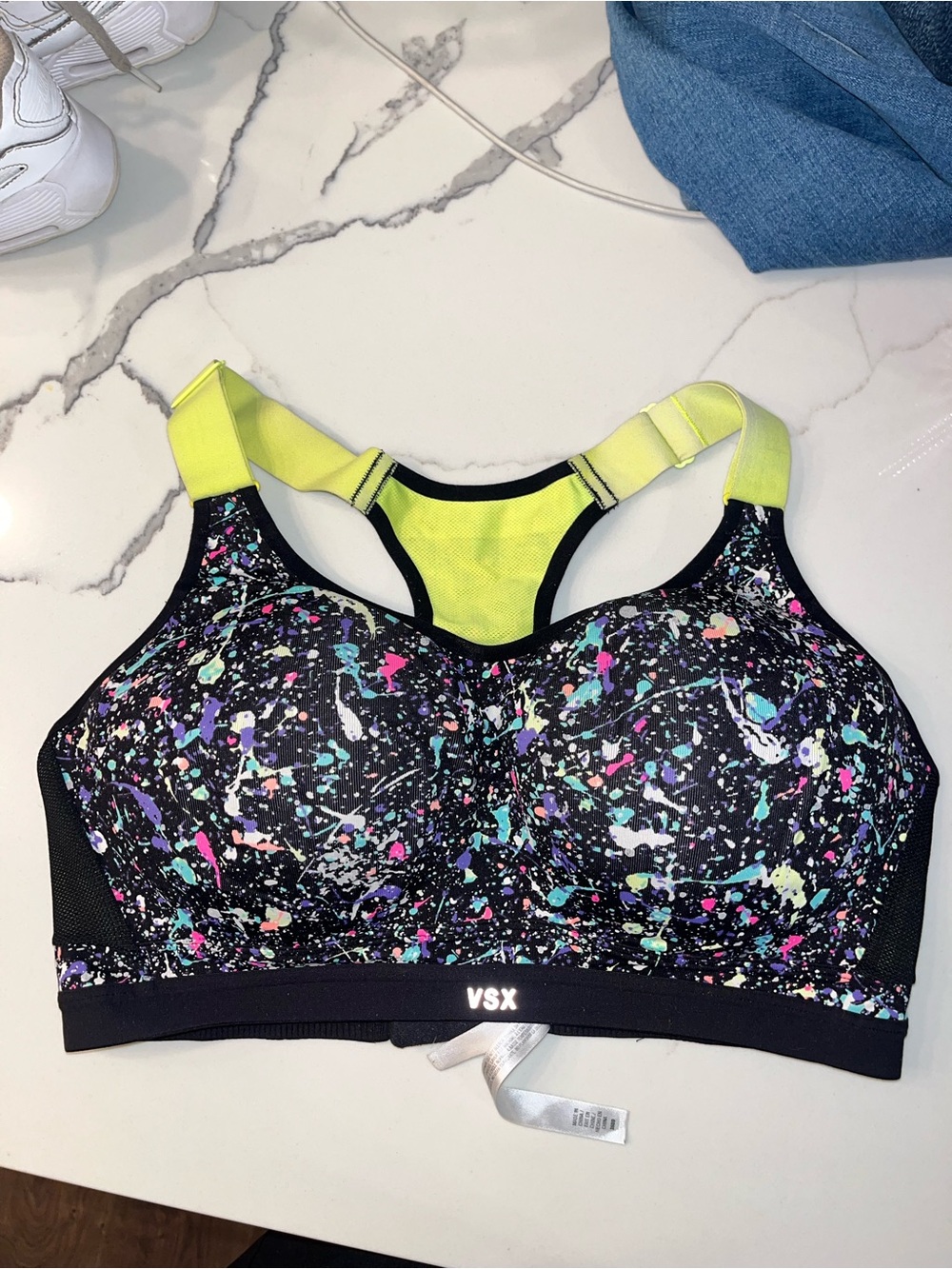 VSX Neon Splatter High-Impact Sports Bra - Black & Neon Yellow